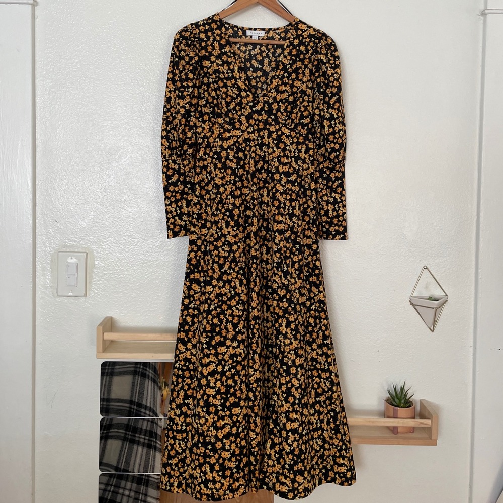 Topshop Womens Floral V-Neck Midi Dress Black Yellow Orange Long Sleeve Size 6